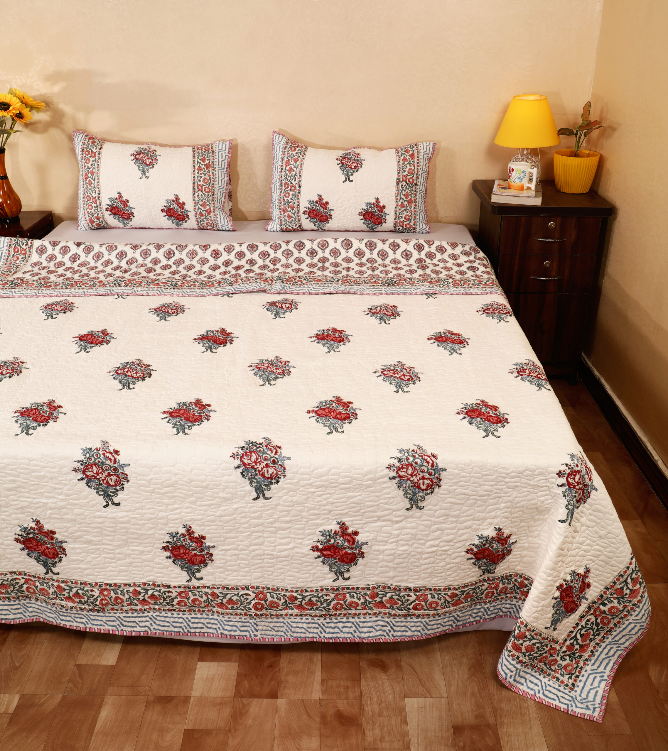 Olive Bloom Quilted Bedcover Set 100x108 Inches.