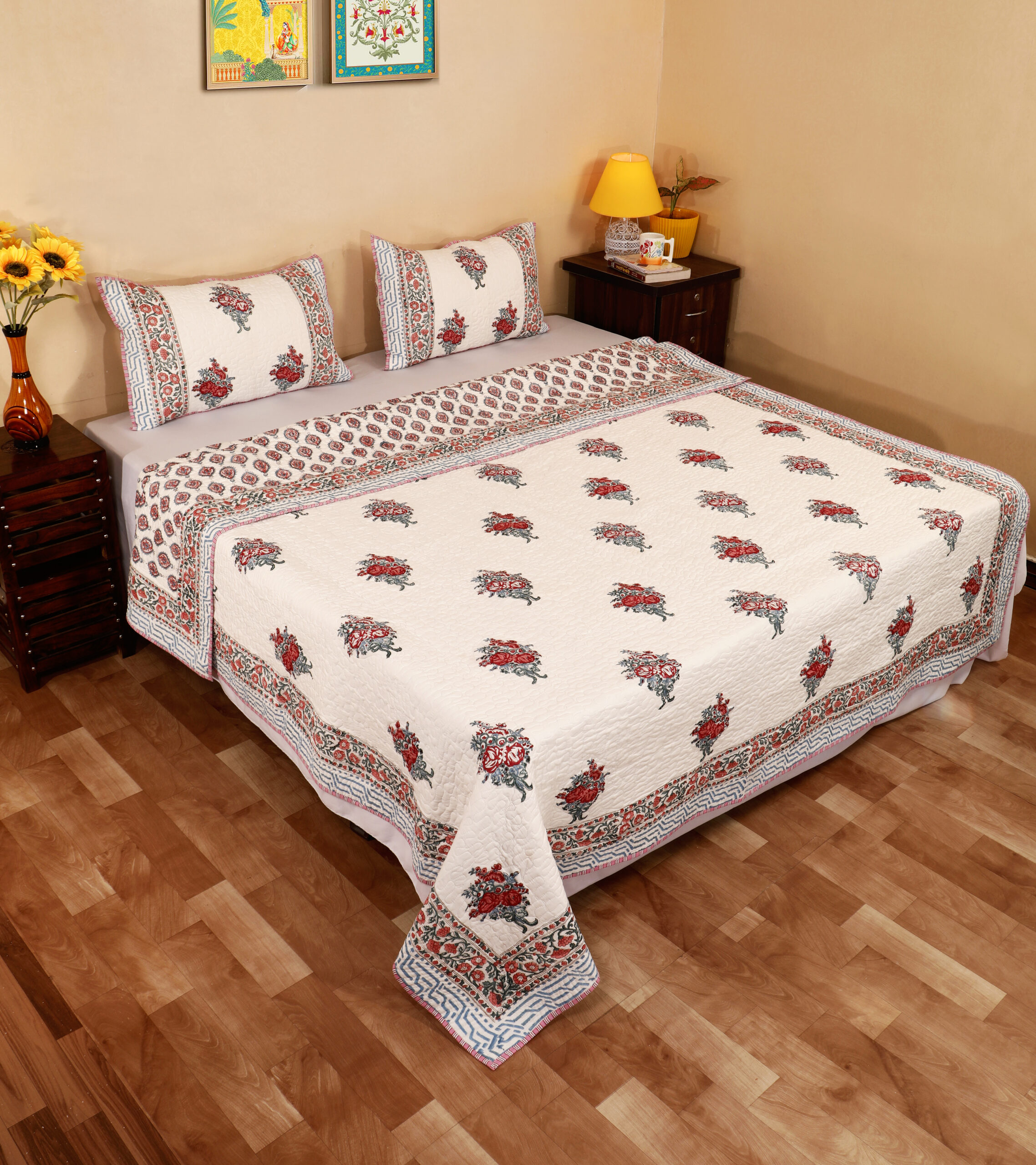 Olive Bloom Quilted Bedcover Set 100x108 Inches. - Image 3