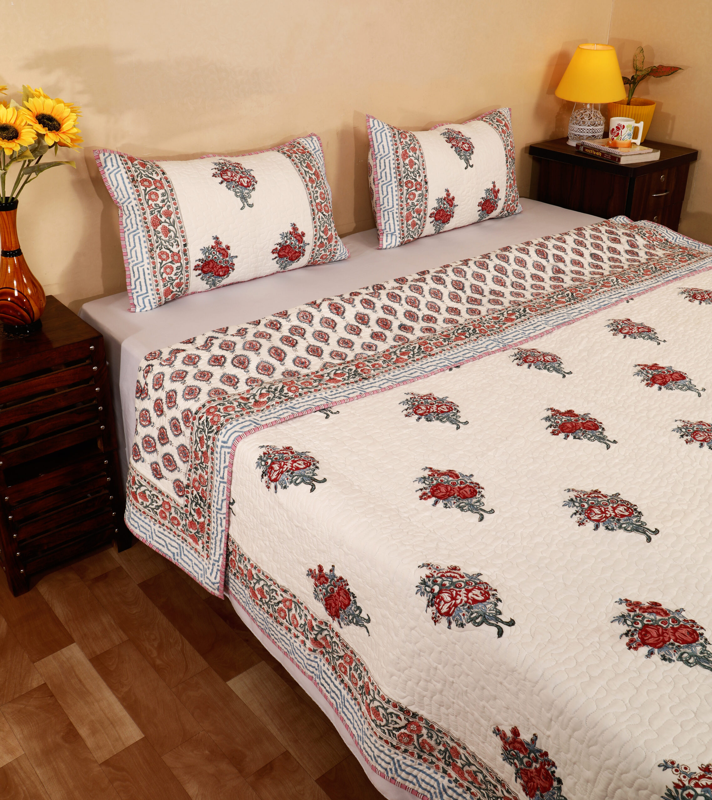 Olive Bloom Quilted Bedcover Set 100x108 Inches. - Image 2