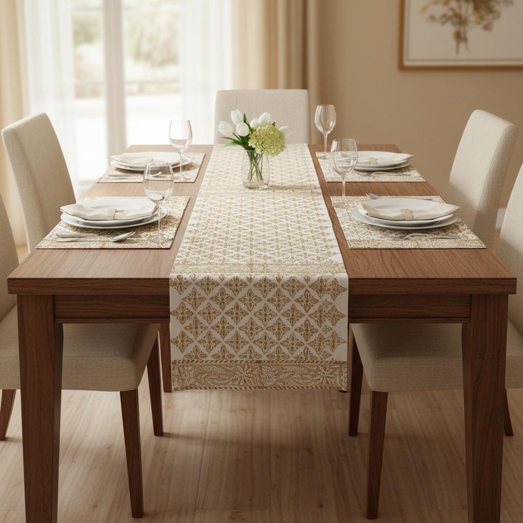 Coral Handblock Table Runner with Placemats