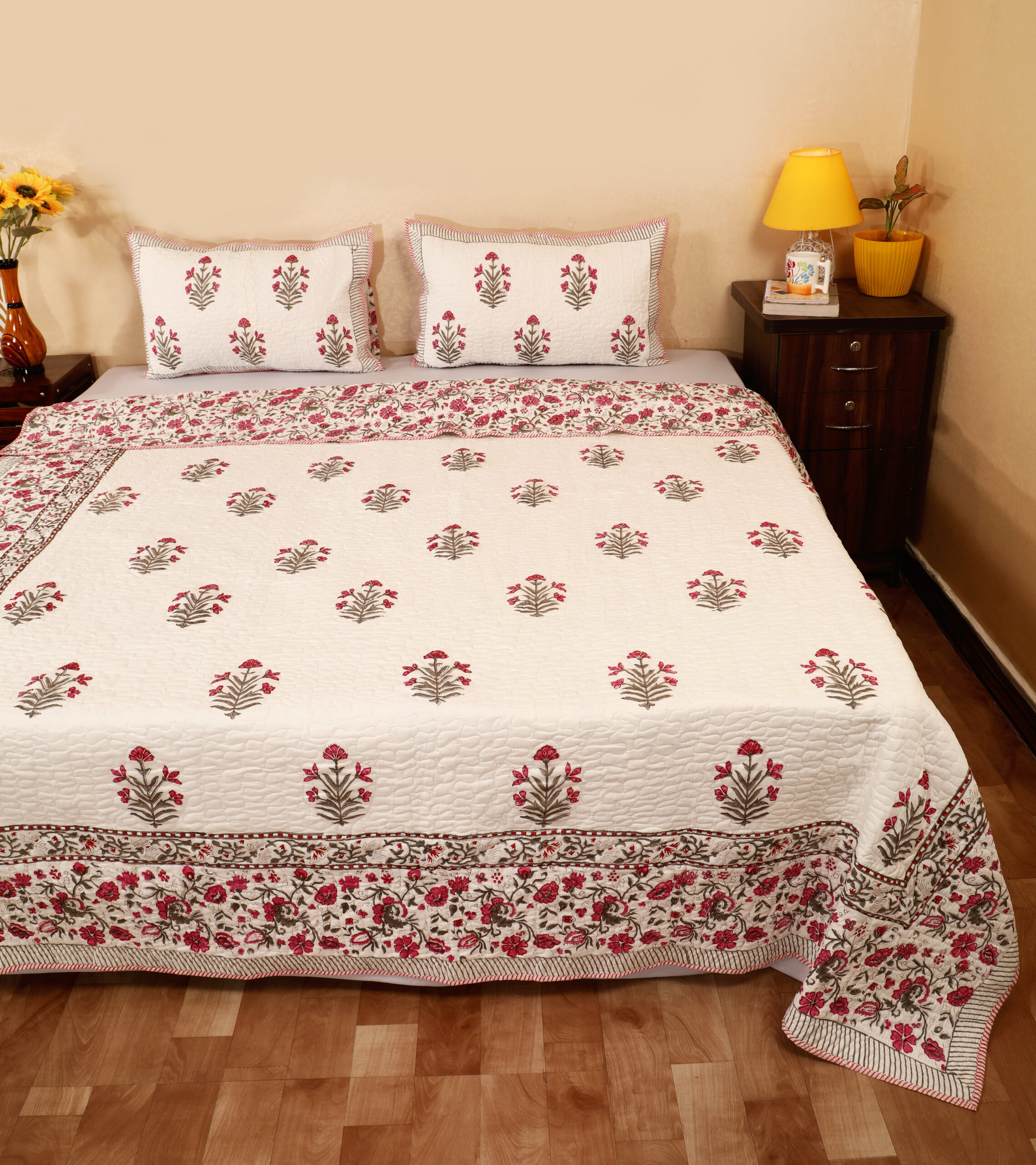 Blush Bloom Quilted Bedcover Set 100x108 Inches.