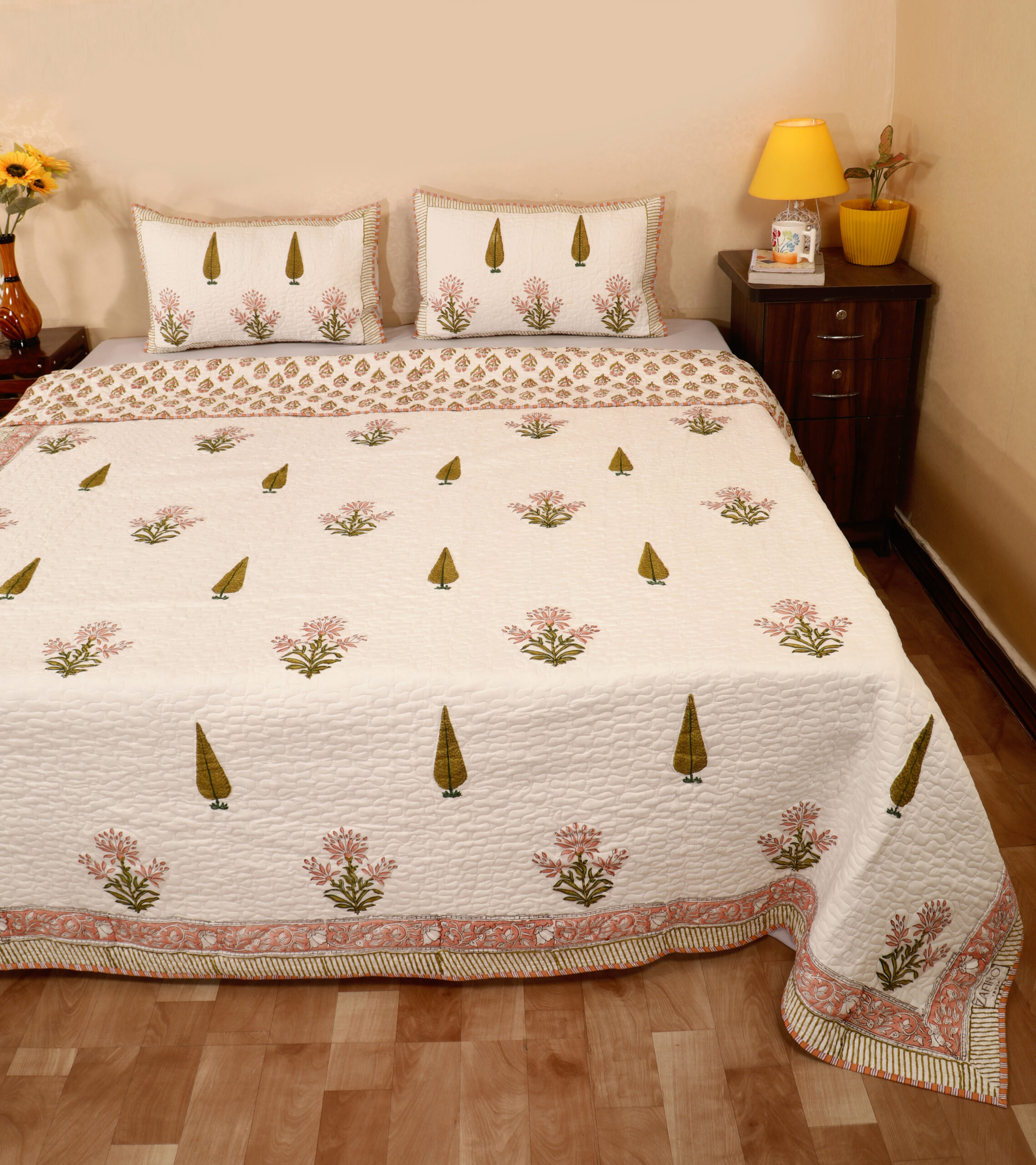 Ivory Bloom Quilted Bedcover Set 100x108 Inches.
