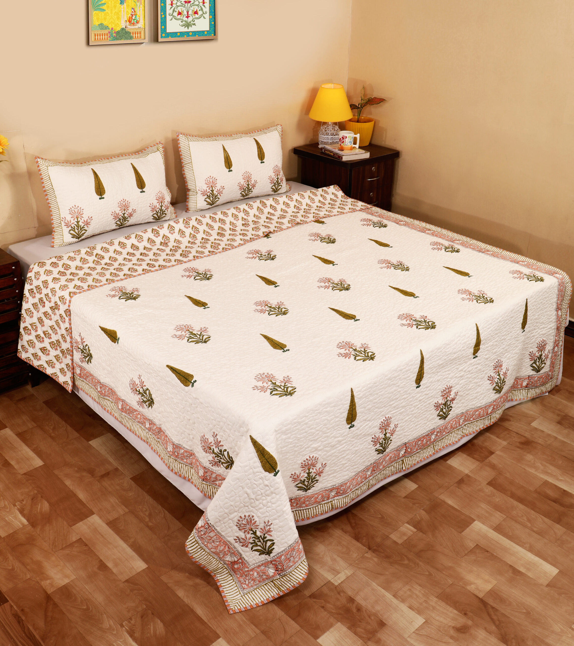 Ivory Bloom Quilted Bedcover Set 100x108 Inches. - Image 2