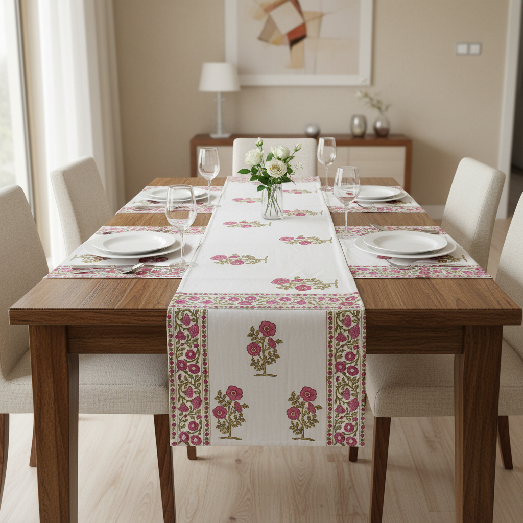 Teal Handblock Table Runner with Placemats.