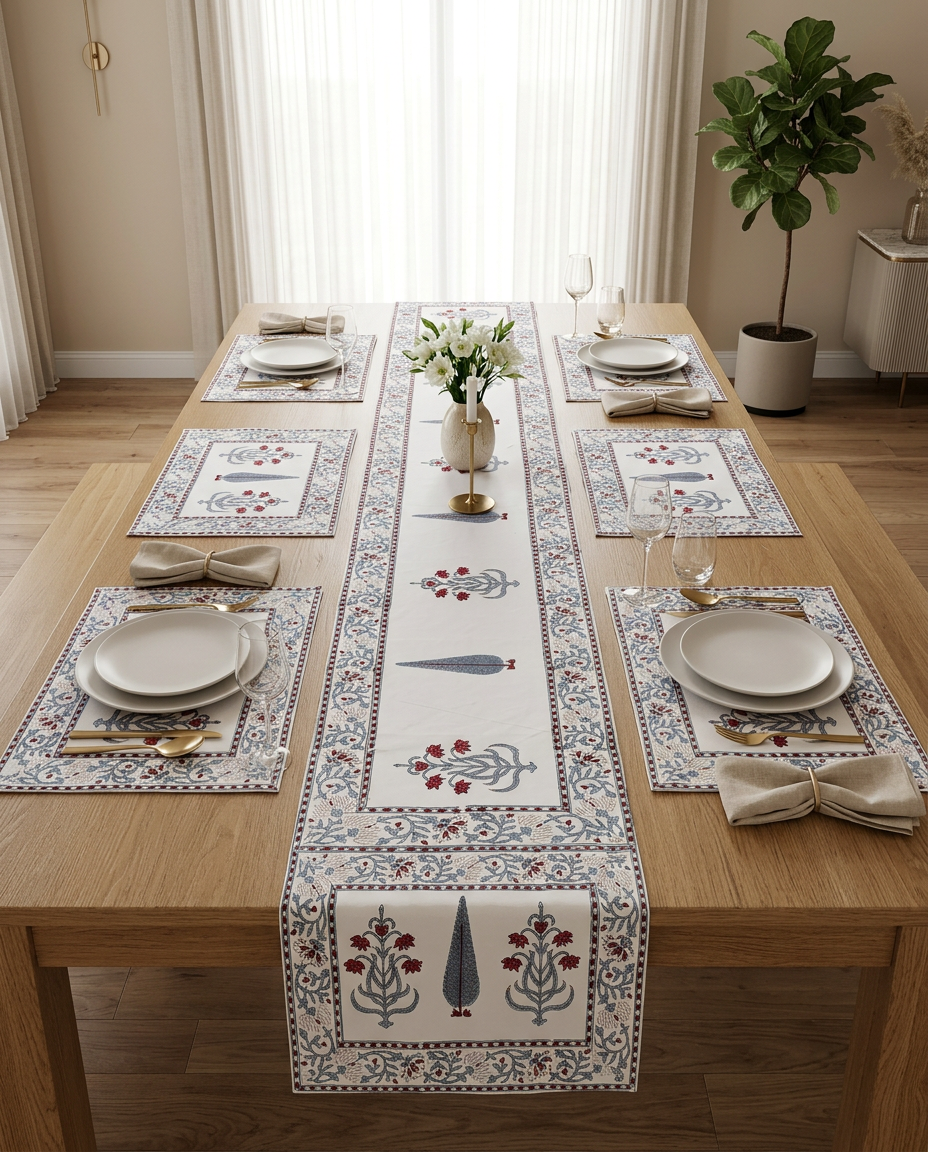 Meadow Handblock Table Runner with Placemats