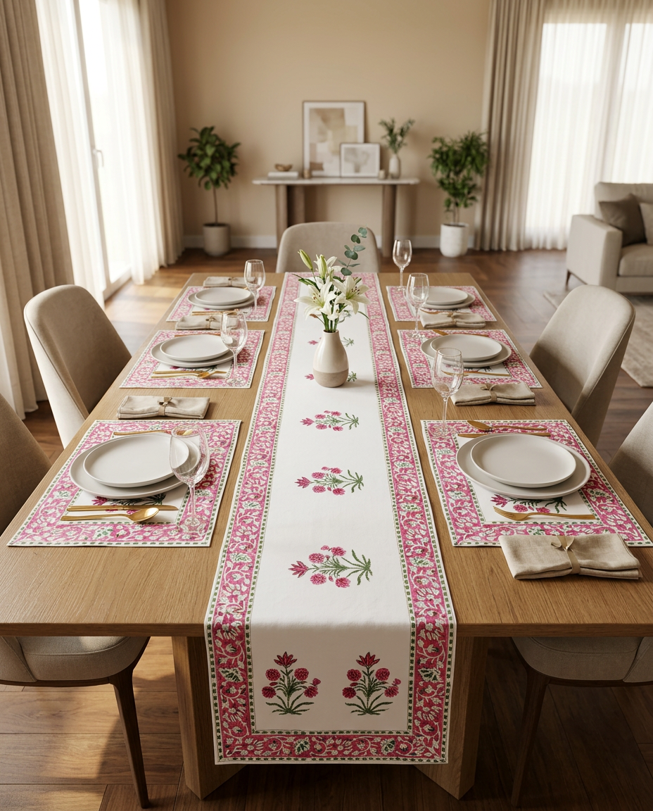 Blossom Handblock Table Runner with Placemats