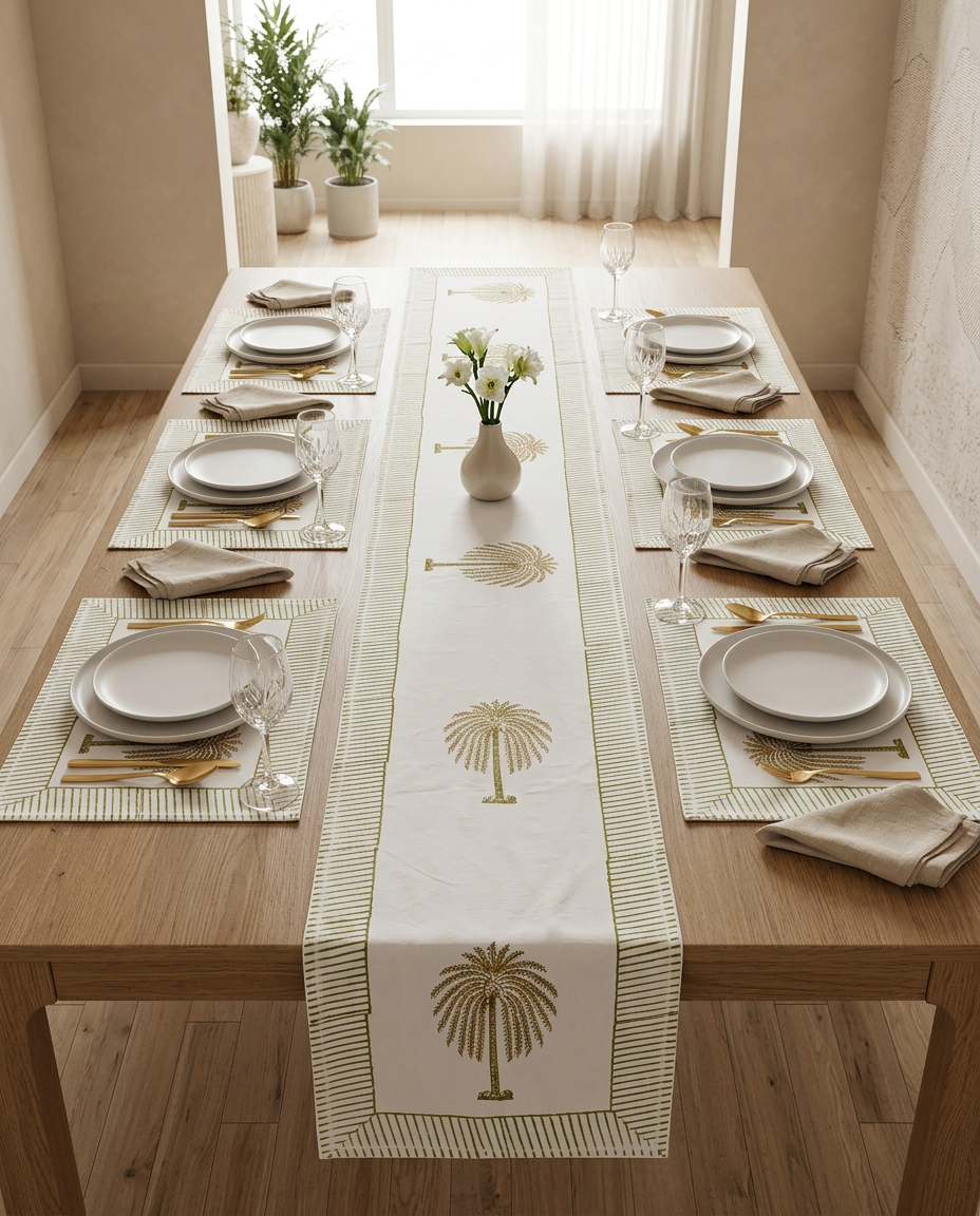 Mocha Handblock Table Runner with Placemats
