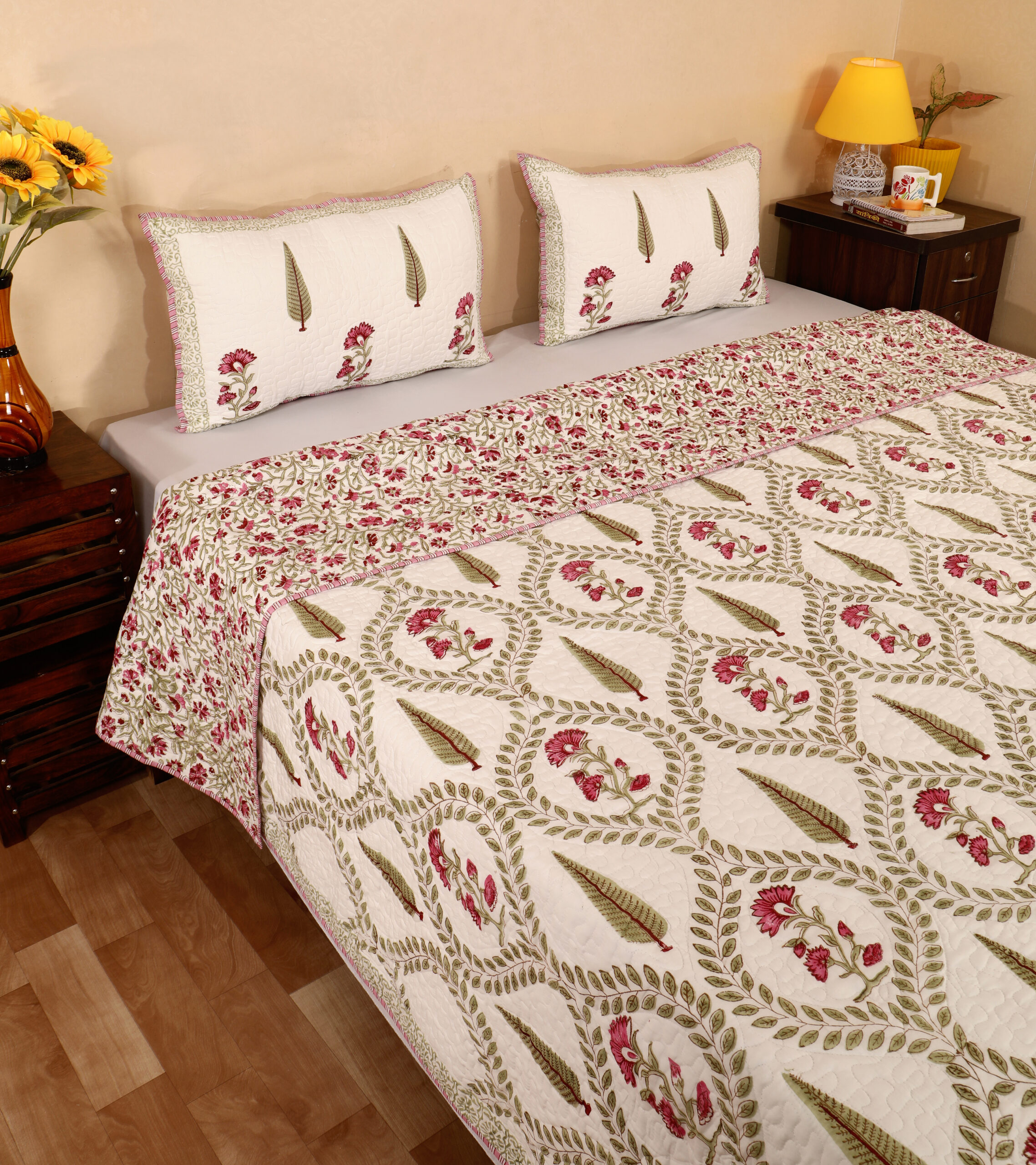 Garden Bloom Quilted Bedcover Set 100x108 Inches. - Image 3