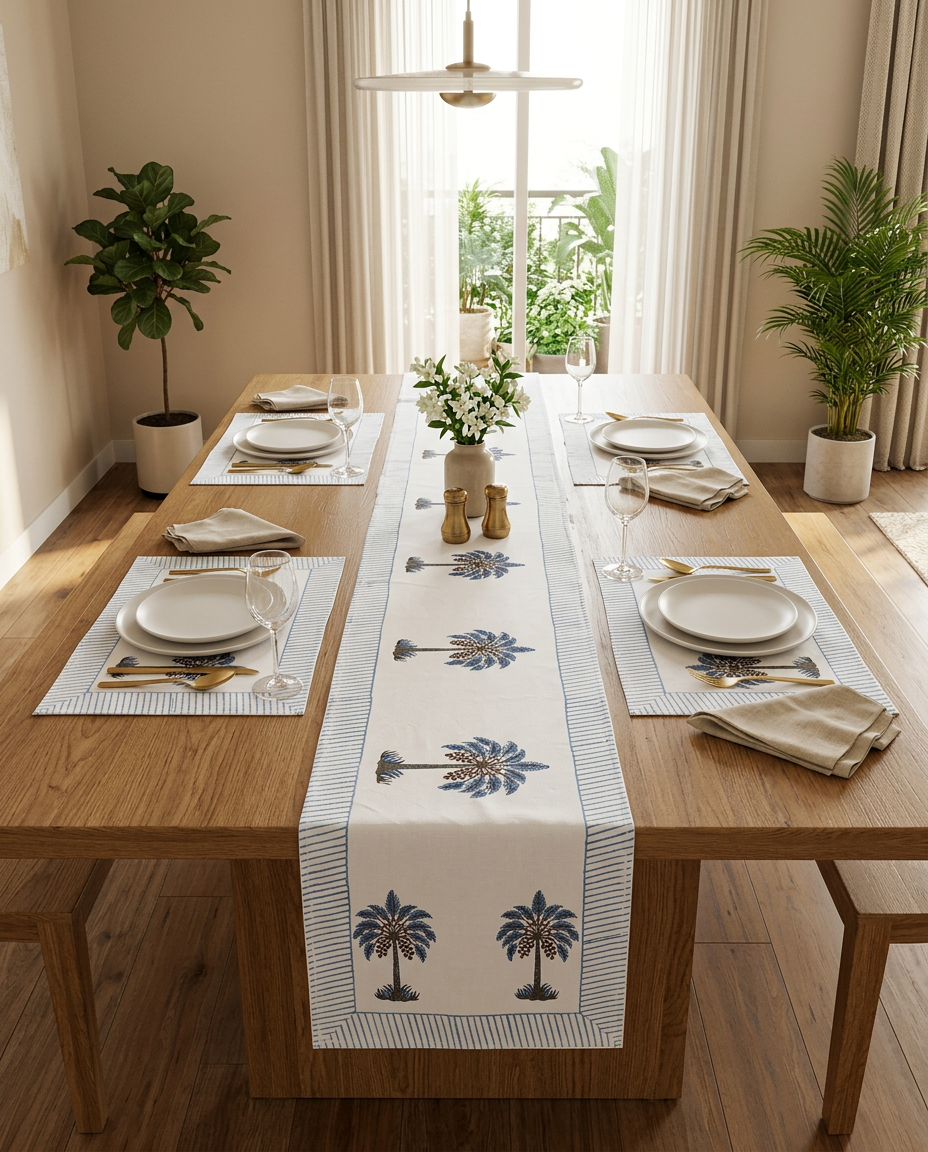 Lily Handblock Table Runner with Placemats