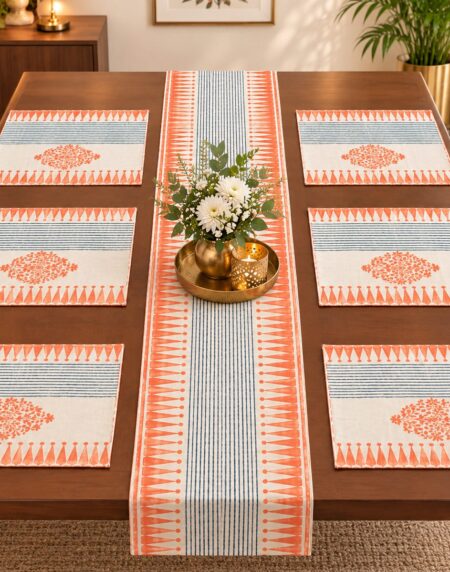 Dusty Peach Handblock Table Runner with Placemats - 4 Seater